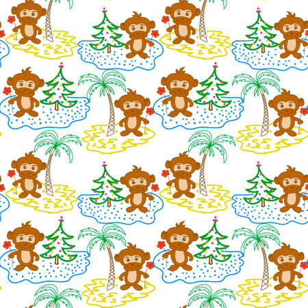 Monkey Palm New Year Christmas Tree Seamless Pattern Vector Illustrationのイラスト素材