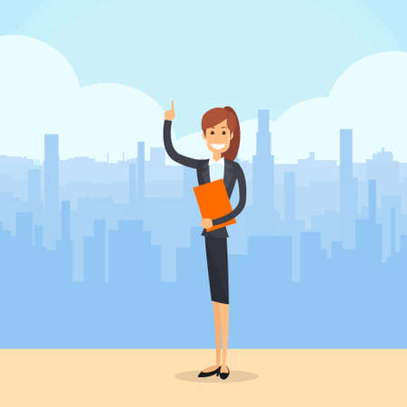 Business Woman Smile while Pointing Finger Upwardのイラスト素材