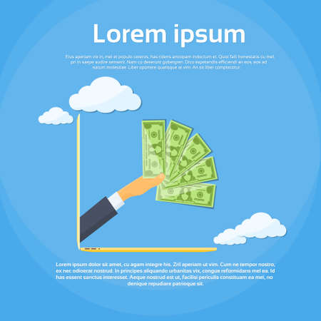 Laptop Screen Businessman Hand hold One Hundred 100 Dollars Banknoteのイラスト素材