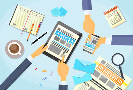 Business People Reading Newspaper while using tabletのイラスト素材