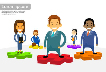 Business People Group Standing on Puzzle Piece Diverse International Team Vector Illustrationのイラスト素材