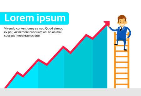 Businessman Standing on Ladder Show Graph Red Up Arrow  Flat Vector Illustrationのイラスト素材