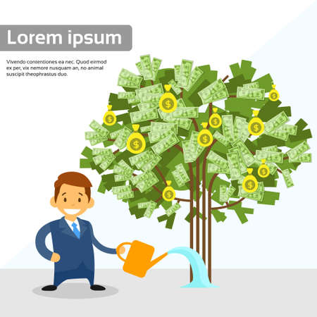 Businessman Watering Money Tree Flat Vector Illustrationのイラスト素材