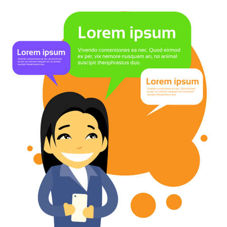 Asian Businesswoman Cartoon Character Using Cell Smart Phone Message Chat Bubble Flat Vector...