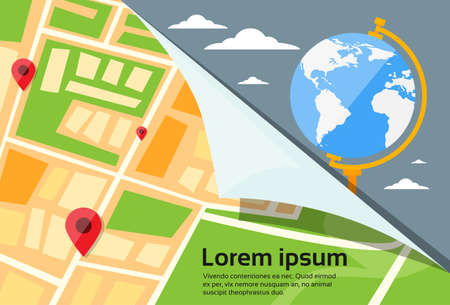 City Map Navigation Search Hand Magnifying Glass Street With Pins Icons Flat Vector Illustrationのイラスト素材