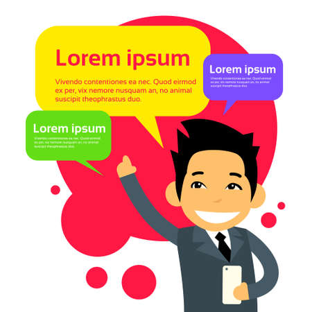 Asian Businessman Cartoon Character Using Cell Smart Phone Message Chat Bubble Flat Vector Illustrationのイラスト素材
