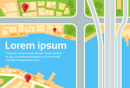 City Map Navigation Search Hand Magnifying Glass Street With Pins Icons Flat Vector Illustrationのイラスト素材