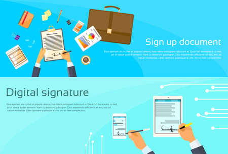 Contract Sign Up Paper Document Businessman Agreement Digital Signature Tablet Computer Smart Cell Phone Web Banner Flat Vector Illustrationのイラスト素材