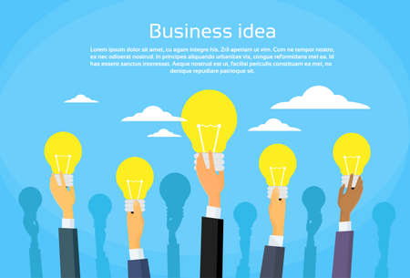 New Business Idea Concept Businesspeople Hands Holding Light Bulb Flat Vector Illustrationのイラスト素材