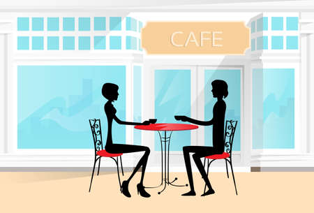 Couple Sitting at a Cafe Table Drinking Coffeeのイラスト素材