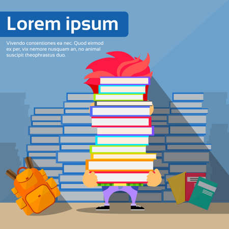 Student Hold Pile Books Hide Head, School Boy Educaion Concept University Exam Stack Library Reading Flat Vector Illustrationのイラスト素材