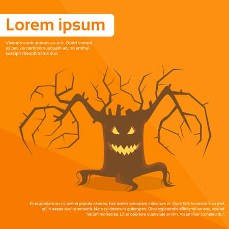 Halloween Scary Tree Smile Face Eyes Flat Vector Illustrationのイラスト素材