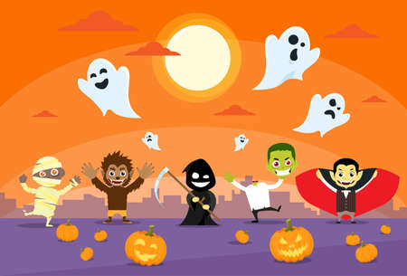 Halloween Monsters Banner Card Zobmbie Vampire Ghost Death Grim Reaper Werewolf Flat Vector Illustrationのイラスト素材