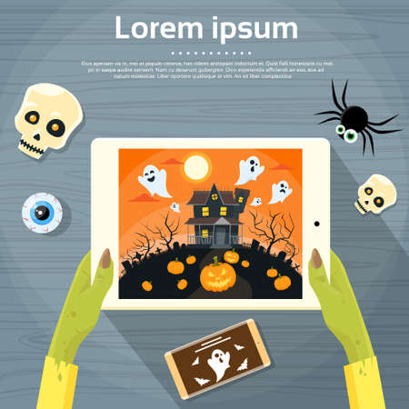 Zombie Hand Hold Tablet Computer Flat Vector Illustrationのイラスト素材