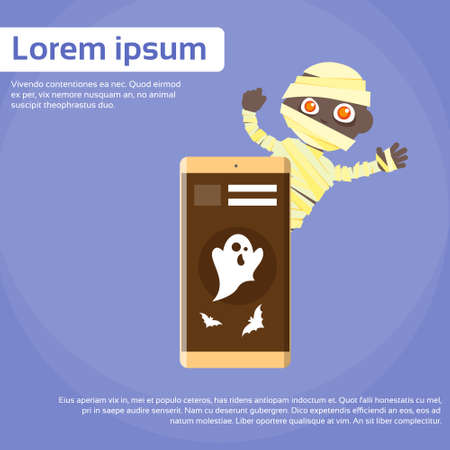 Smart Phone Ghost and Mummy Boy Scary Cartoon Halloween Character Flat Vector Illustrationのイラスト素材