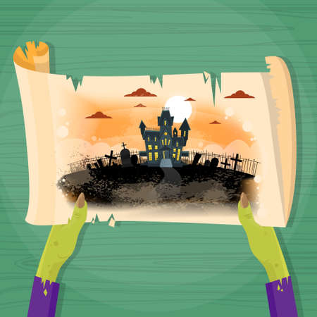 Zombie Hand Hold Ancient Manuscript Scroll Paper Halloween House Graveyard Vector Illustrationのイラスト素材