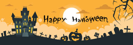 Halloween House Cemetery Graveyard Card Pumpkin Face Banner Flat Vector Illustrationのイラスト素材