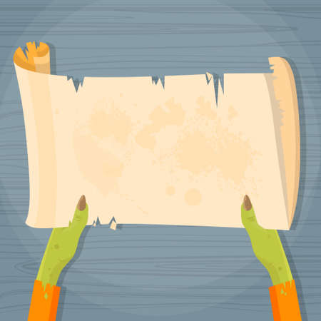 Zombie Hand Hold Ancient Manuscript Scroll Paper Copy Space Vector Illustrationのイラスト素材