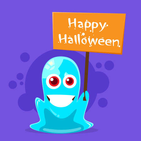 Jelly Monster Blue Alien Character Hold Board Sign Flat Vector Illustrationのイラスト素材
