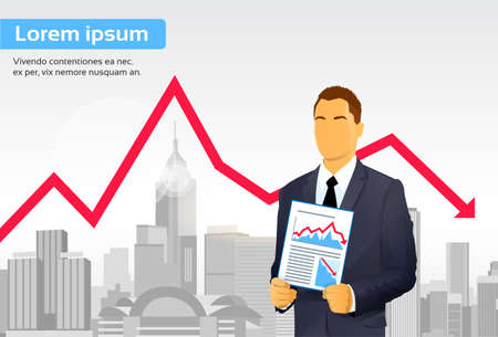Businessman Finance Graph Crisis Red Arrow Down City Skyscraper Illustrationのイラスト素材