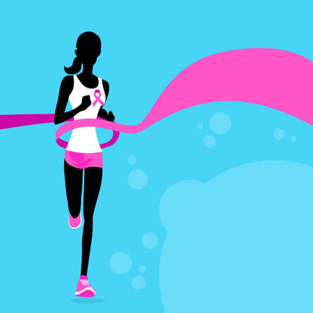 Sport Woman Running Pink Ribbon Breast Cancer Awareness Joggin Female Flat Illustrationのイラスト素材