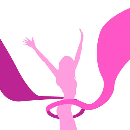 Female Silhouette Arms Up Pink Ribbon Breast Cancer Awareness Woman Flat Illustrationのイラスト素材