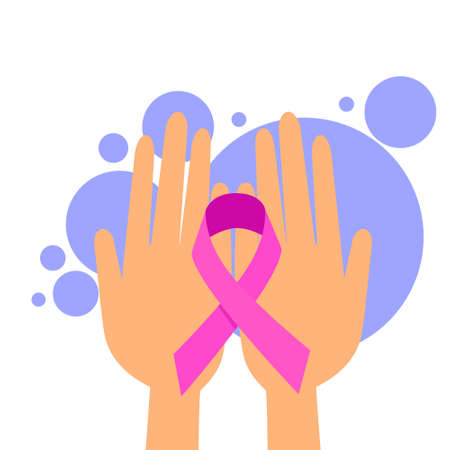 Female Hands Hold Pink Ribbon Breast Cancer Awareness Woman Flat Illustrationのイラスト素材