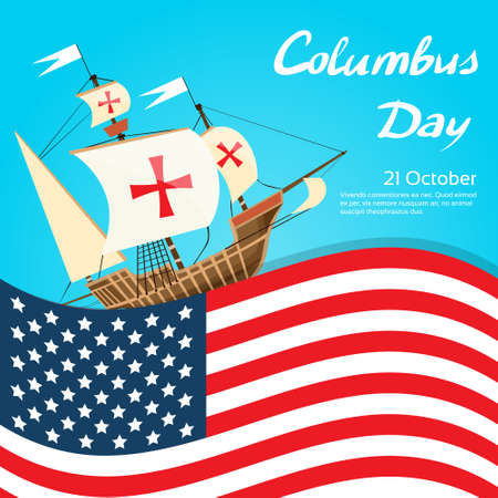Happy Columbus Day Ship Holiday Poster United States America Flag Flat Illustrationのイラスト素材