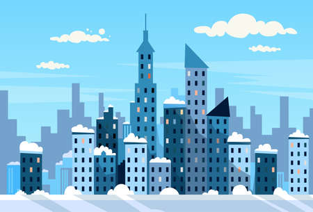 Winter City Skyscraper View Cityscape Snow Skyline Vector Illustrationのイラスト素材