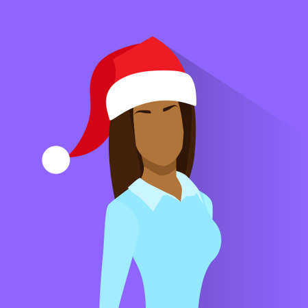 Profile Icon African American Female New Year Christmas Holiday Red Santa Hat Avatar Portrait Casual Person Face Flat Design Vector Illustrationのイラスト素材