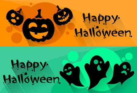 Ghost Pumpkin Face Cartoon Halloween Character Web Banner Set Flyer Flat Vector Illustrationのイラスト素材