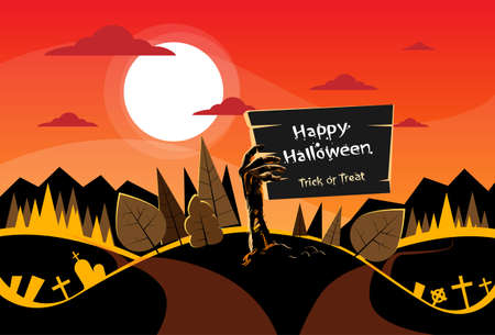 Zombie Hand Hold Board, Orange Autumn Woods, Halloween Dead Arms From Ground Two Way Forest Road Path Vector Illustrationのイラスト素材