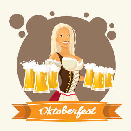 Oktoberfest Festival Girl Hold Beer Mug Glasses Flat Vector Illustrationのイラスト素材