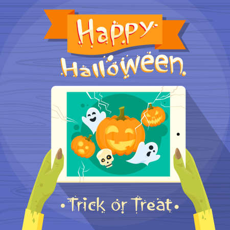 Zombie Hand Hold Tablet Computer Flat Vector Illustrationのイラスト素材