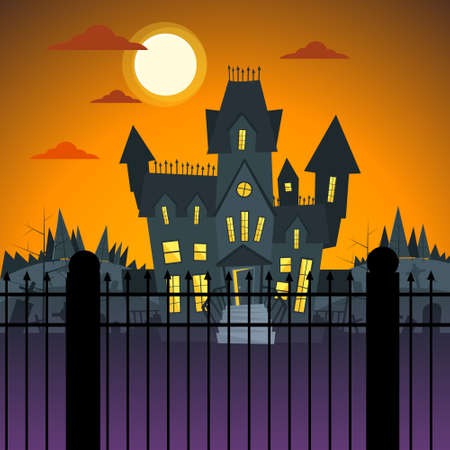 Halloween House Ghost Party Invitation Card Flat Vector Illustrationのイラスト素材