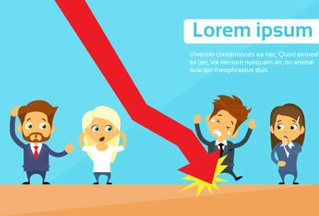 Business People Group Fall Down Red Arrow Graph Financial Crisis Flat Vector Illustrationのイラスト素材