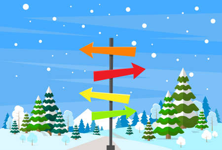 Winter Forest Landscape Sign Direction Way Signboard Arrow Christmas Background, Pine Snow Trees Woods Vector Illustrationのイラスト素材