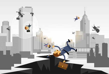 Business People Fall Down Hole Street Financial Crisis City Center Concept Flat Vector Illustrationのイラスト素材
