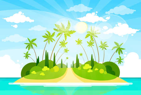 Summer Vacation Holiday Tropical Ocean Island With Palm Tree Flat Vector Illustrationのイラスト素材