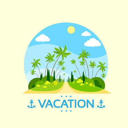 Summer Vacation Holiday Tropical Ocean Island With Palm Tree Flat Vector Illustrationのイラスト素材