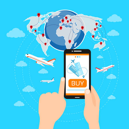 Buy Ticket Online Smart Phone Application Globe World Map Travel Vacation Trip Booking Air Plane Flight Flat Vector Illustrationのイラスト素材