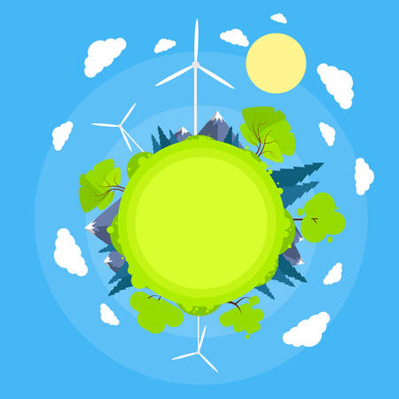 Wind Turbine Tower Blue Sky Sun Green Grass Energy Technology Flat Circle Logo Banner Vector Illustrationのイラスト素材