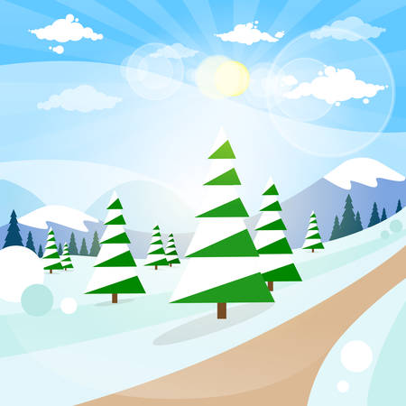 Winter Forest Landscape Christmas Background, Pine Snow Trees Woods Vector Illustrationのイラスト素材