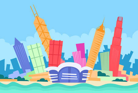 Hong Kong Skyline City Skyscraper Silhouette Flat Colorful Vector Illustrationのイラスト素材