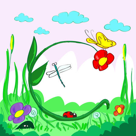 Summer Flower Banner Card Colorful Nature Green Leaves Butterfly Vector Illustrationのイラスト素材