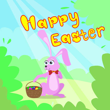 Happy Easter Card Bunny Basket Spring Landscape Green Grass Eggs Rabbit Blue Sky Sun Vector Illustrationのイラスト素材