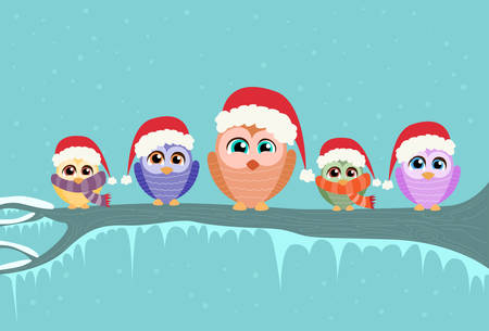Christmas Owl Sitting on Tree Branch Winter Flat Vector Illustrationのイラスト素材
