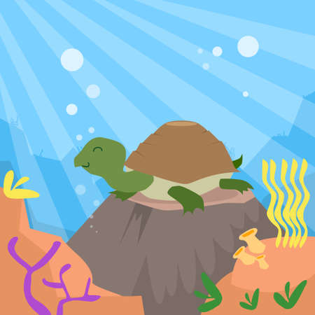 Cartoon Turtle Underwater Deep Ocean Bottom Coral Reef Colorful Flat Retro Vector Illustrationのイラスト素材