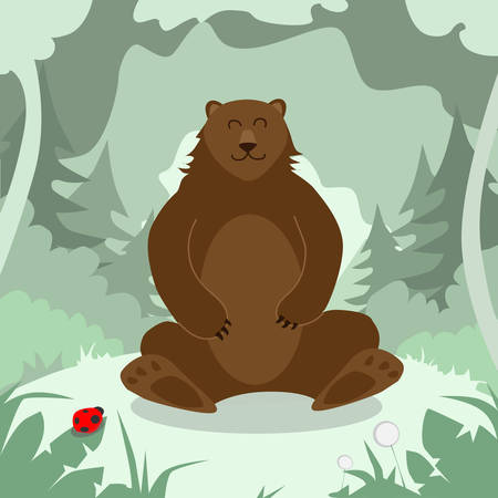 Cartoon Bear Sitting Green Forest Colorful Flat Retro Vector Illustrationのイラスト素材