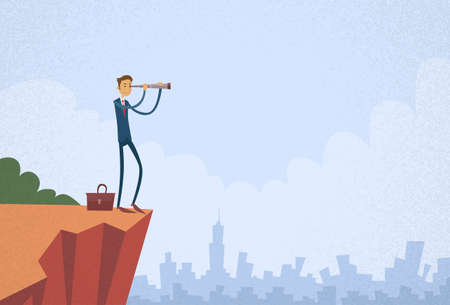 Cartoon Businessman Looking Skyglass Through Telescope Standing on Top Mountain Cliff Flat Vector Illustrationのイラスト素材